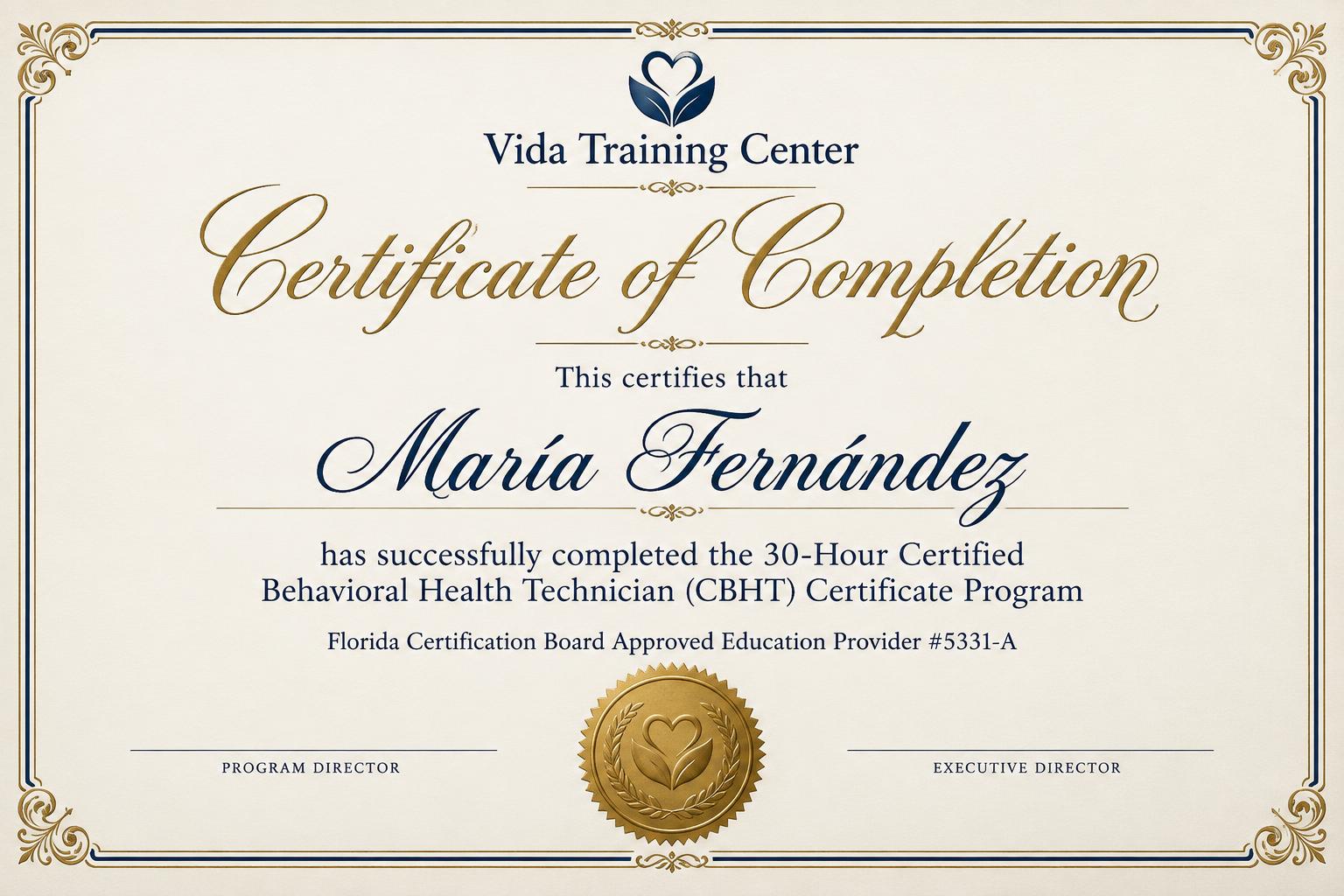 Ejemplo de Certificado de CBHT emitido por Vida Training Center